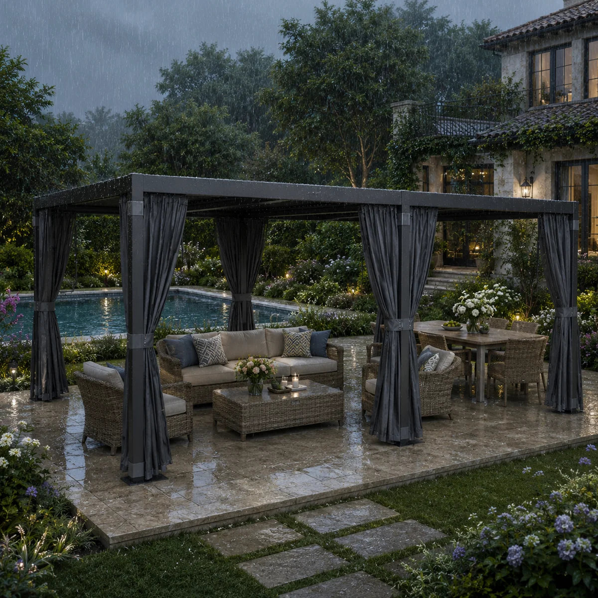 10 ' x 20 ' Outdoor Aluminum Louvered Pergola with Adjustable Roof, Patio Gazebo with Privacy Curtains and Mosquito Netting, Weather-Resistant Shelter for Backyard, Garden, and Deck