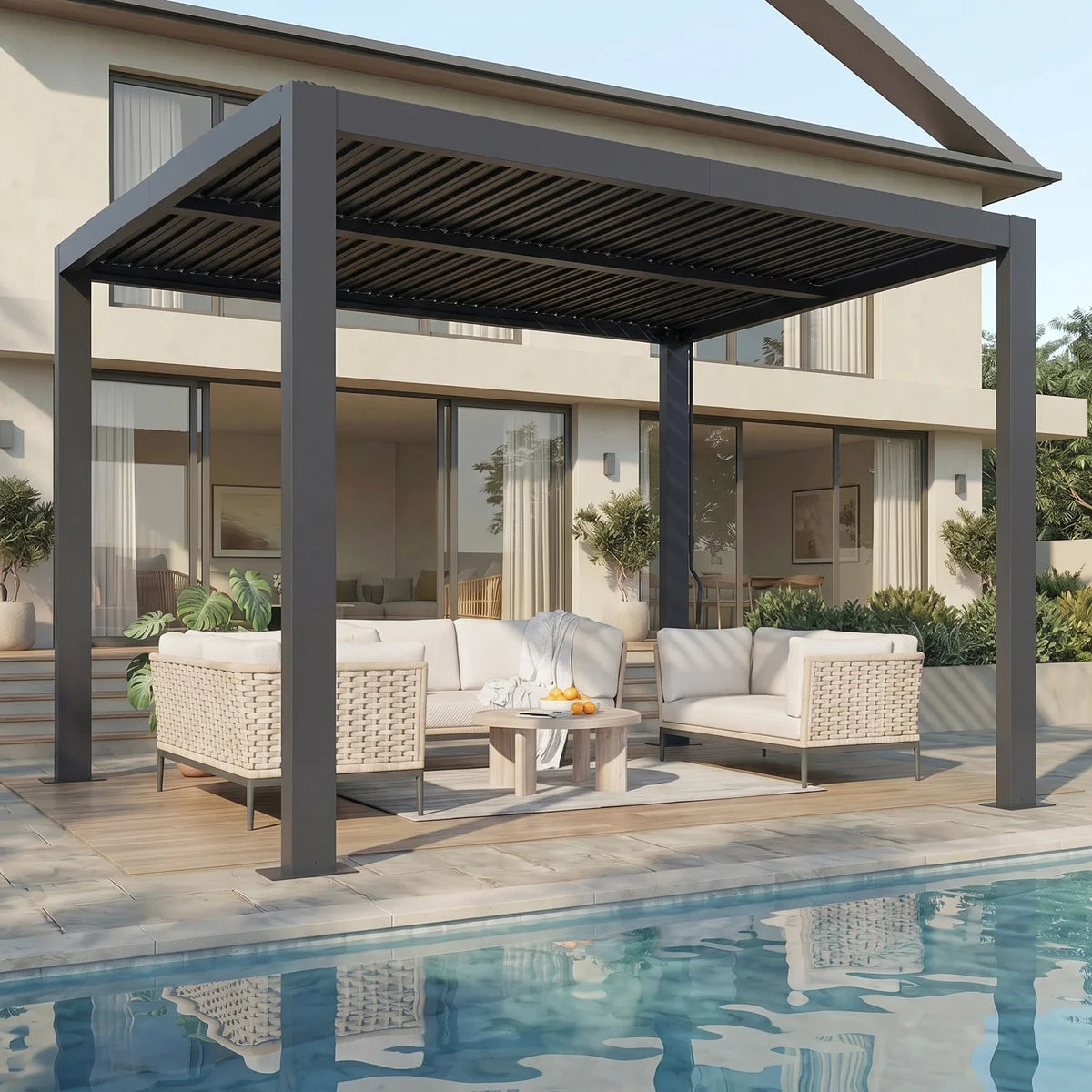 Erommy 10' x 10' Outdoor Pergola with Adjustable Louvered Roof & Integrated Drainage, Heavy-Duty Metal Louvered Pergola without Curtains for Patios By EROMMY